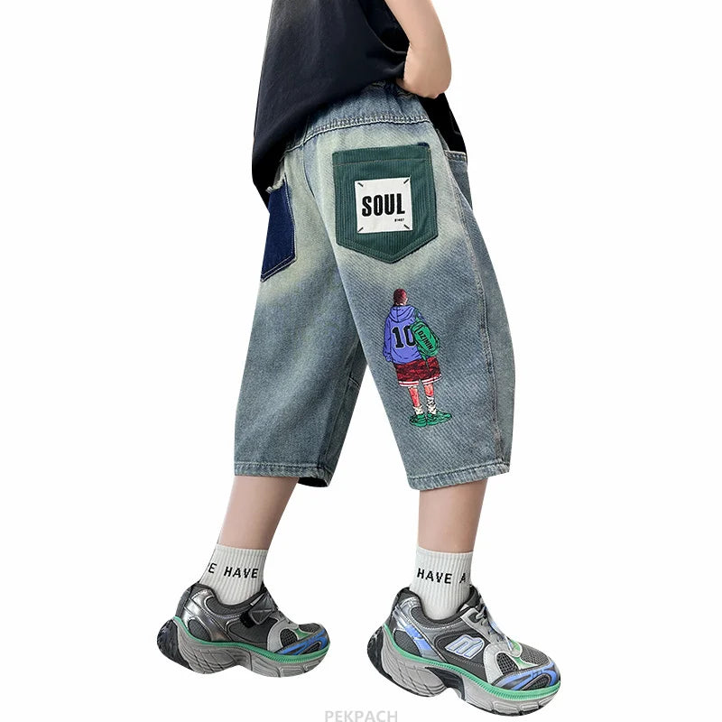 New Kids Designer Summer Capris Shorts For Boys Cartoon Print Denim Shorts Jeans Teens Child Casual Mid-Calf Pants Bottoms 5-14Y