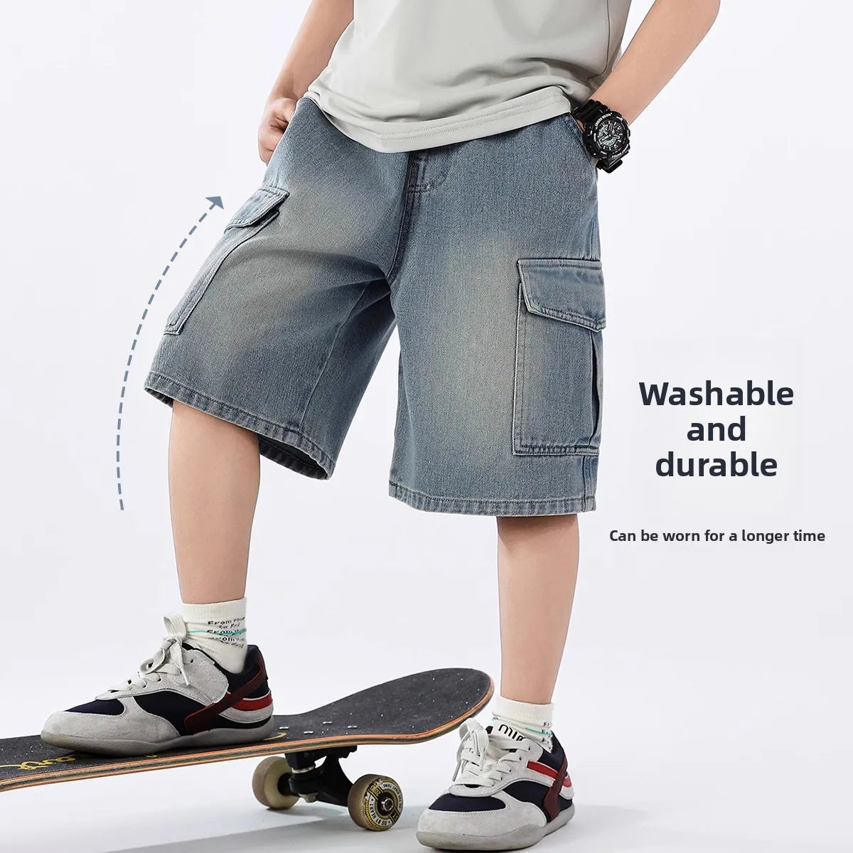 2026 Summer Teen Boys Denim Shorts Fashion Solid Color Big Pocket Thin Jeans Pants For 4-14 Years Kids Children Casual Trousers