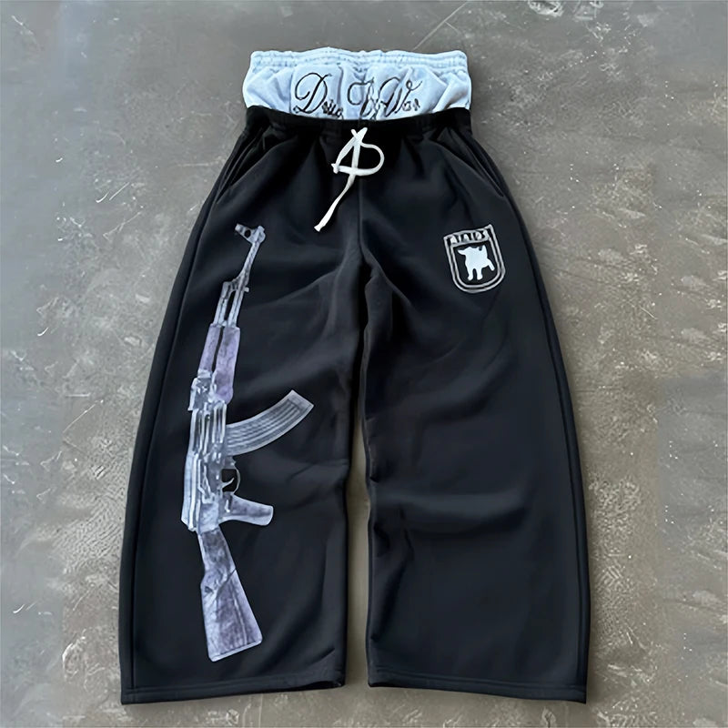 Y2K High-Waisted Printed Embroidered Street Guard Pants Spring Summer Casual Straight Leg Double Waist Design Fashionable