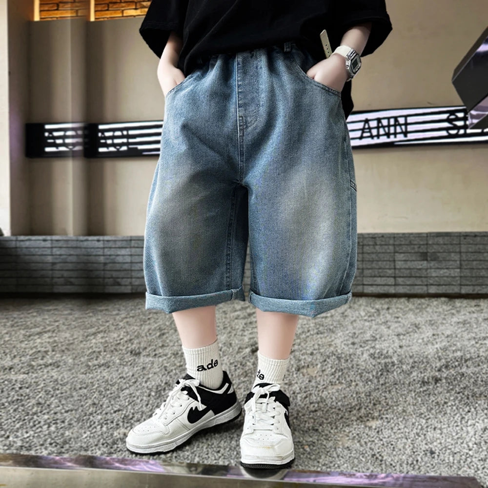 Teen Children's Shorts 2025 Summer New Kids Denim pants thin pants large children loose Boys with five Quarter pants 4-15Years