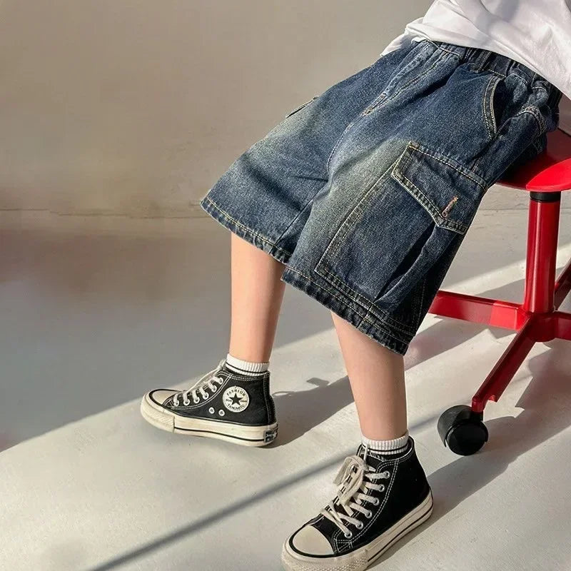 New 2025 Summer Fashion Boys Denim Five-point Pants Kids Casual Solid Thin Denim Shorts Trousers Teen Jeans Children's Clothing