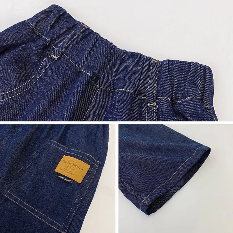 Kids Summer Denim Shorts for Boys 4-14 Years Thin Loose Sports Knee-Length Casual Sweatpants Teenagers Straight Middle Pants