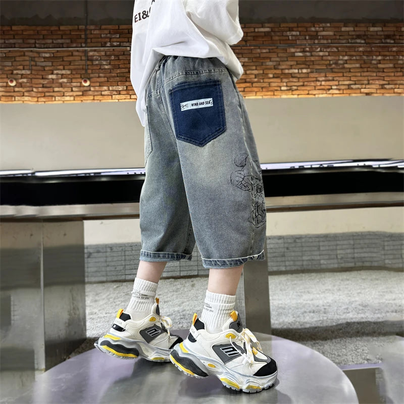 Teen Boys Shorts for Kids Summer 2025 Fashion Capri Trousers with Cartoon Print Korean Child Denim Shorts Jeans Age 5-14 Years