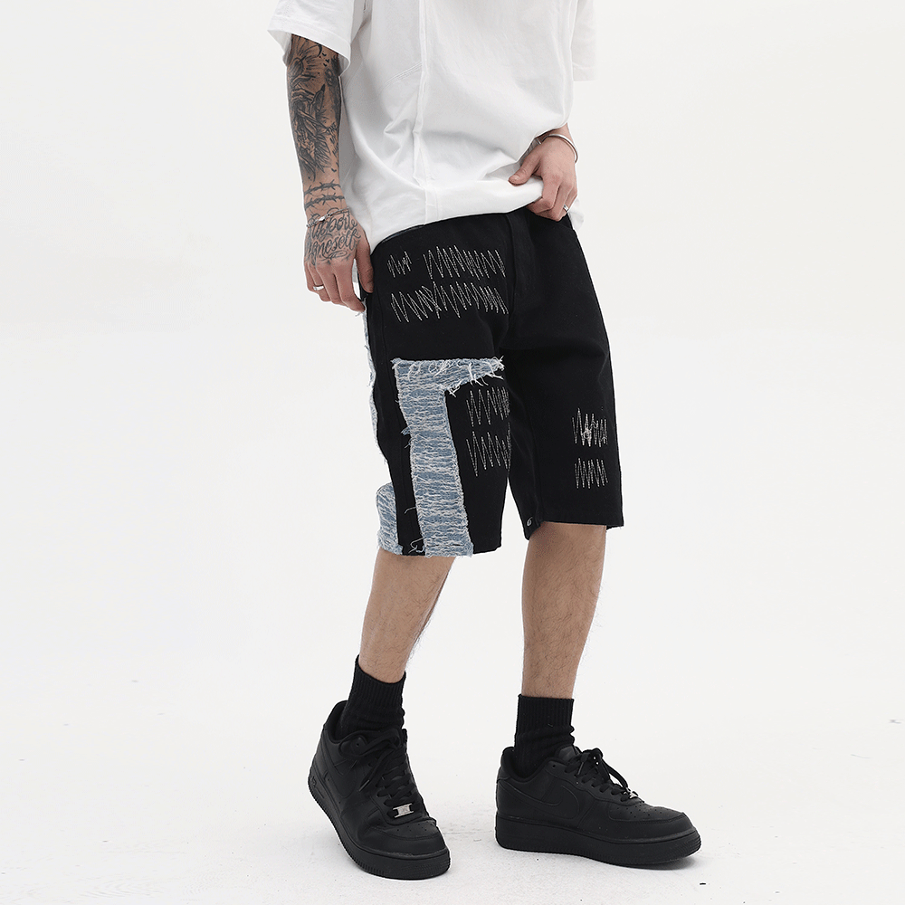 Contrast Panel Embroidered Denim Shorts Men's