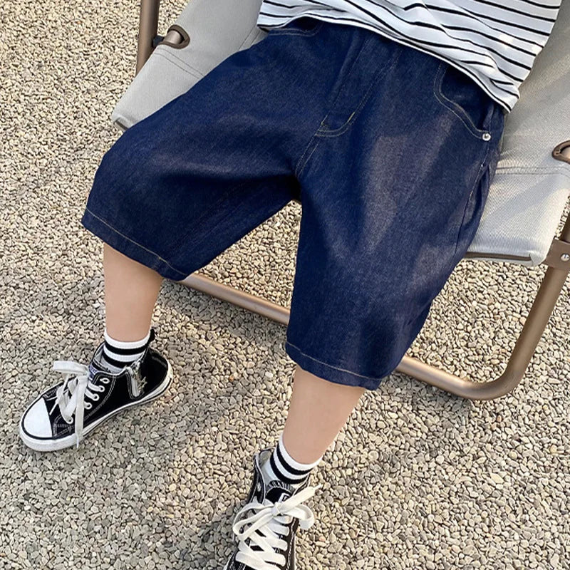 Kids Summer Denim Shorts for Boys 4-14 Years Thin Loose Sports Knee-Length Casual Sweatpants Teenagers Straight Middle Pants