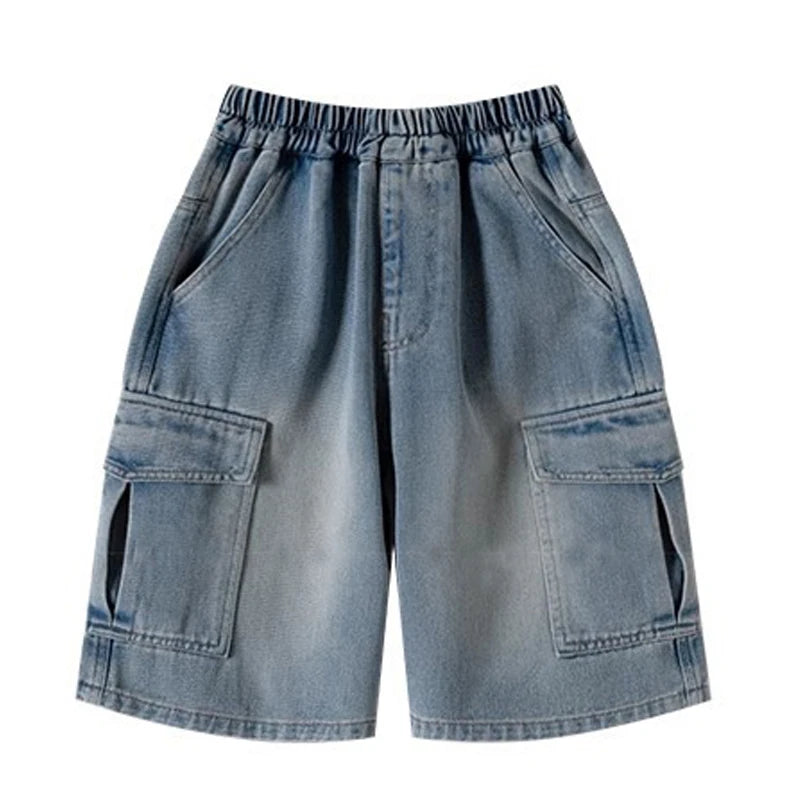 2026 New Teen Boys Short Jeans Summer Children Solid Color Big Pocket Wide Leg Denim Shorts Kids Clothes Loose Knee Length Pants