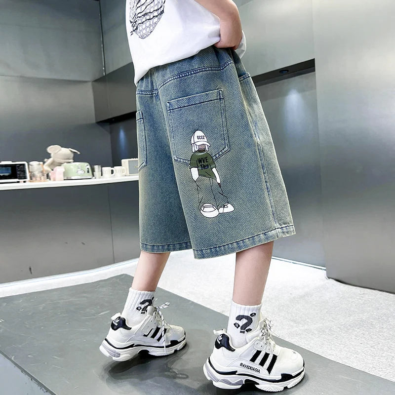 Boys Denim Shorts Summer Tween Children's Loose Teen Capri Pants High Quality Boys Clothes Short Jeans 5 6 7 8 9 10 11 12 13 14Y