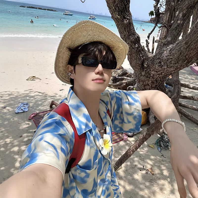 Beach-style Summer Thin Ice-silk Cuban-collar Short-sleeve Shirt