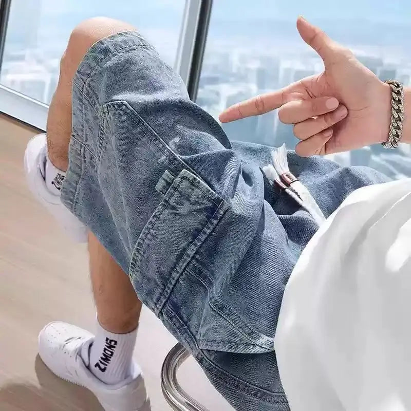 Summer 2025 Big Pocket Denim Shorts Teen Students Trendy Casual Pants Versatile Elastic Waist Men's Jeans Shorts Outer Pants