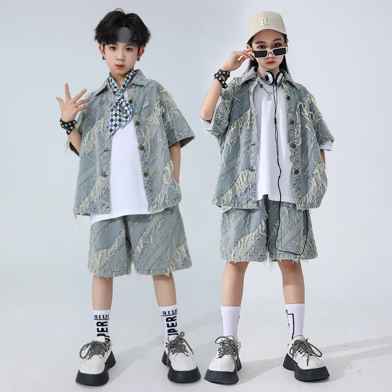 New Hip Hop Street Dance Clothes for Kids Gray Denim Vest Shorts T Shirt Boys Girls Jazz Performance Costume Teens Stage Outfits