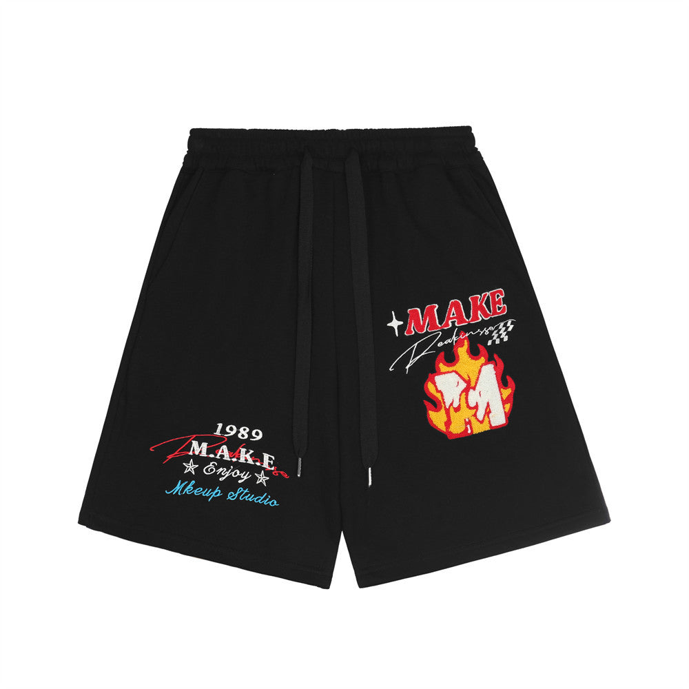 Flame Embroidered Letters Casual Shorts