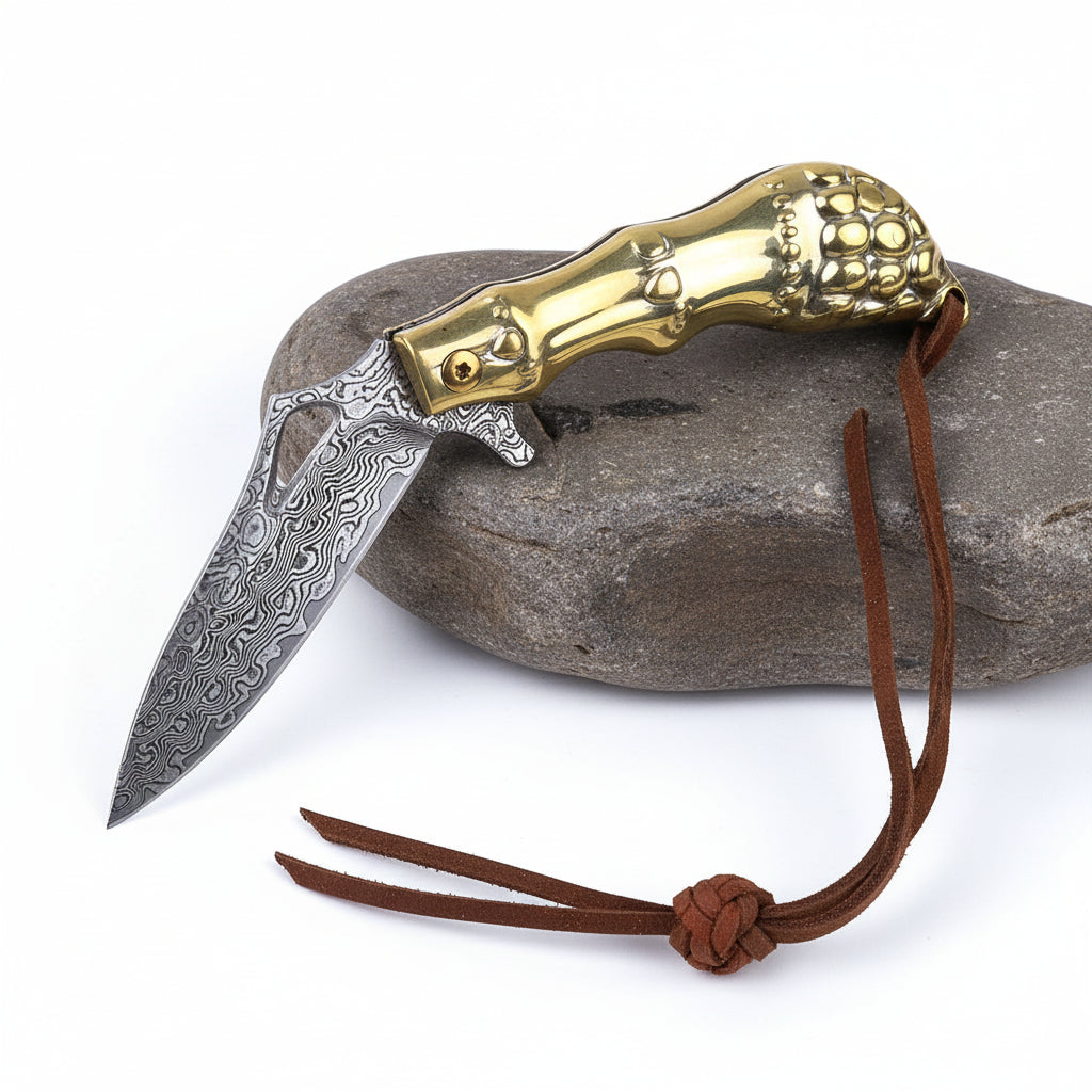 Golden Kylin Damascus Folding Knife – Brass Handle EDC Knife