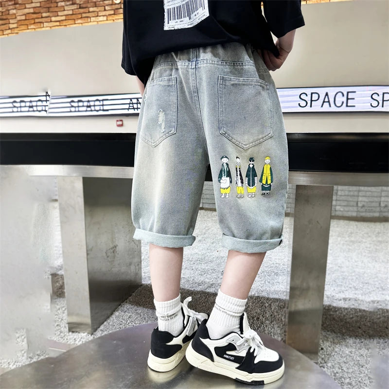 New Summer Kids Child Ripped Denim Shorts With Cartoon Print For Teens Boys Fashion Casual Broken Jeans Capris Pants with Holes