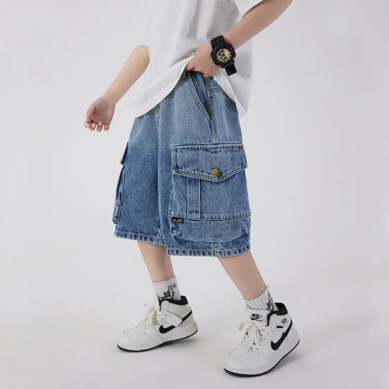 UNITIM Summer Junior Boys Shorts Cotton Letter Print Children Boys Denim Shorts Handsome 3-14Y Kids Boys Shorts Teens Boy Jeans