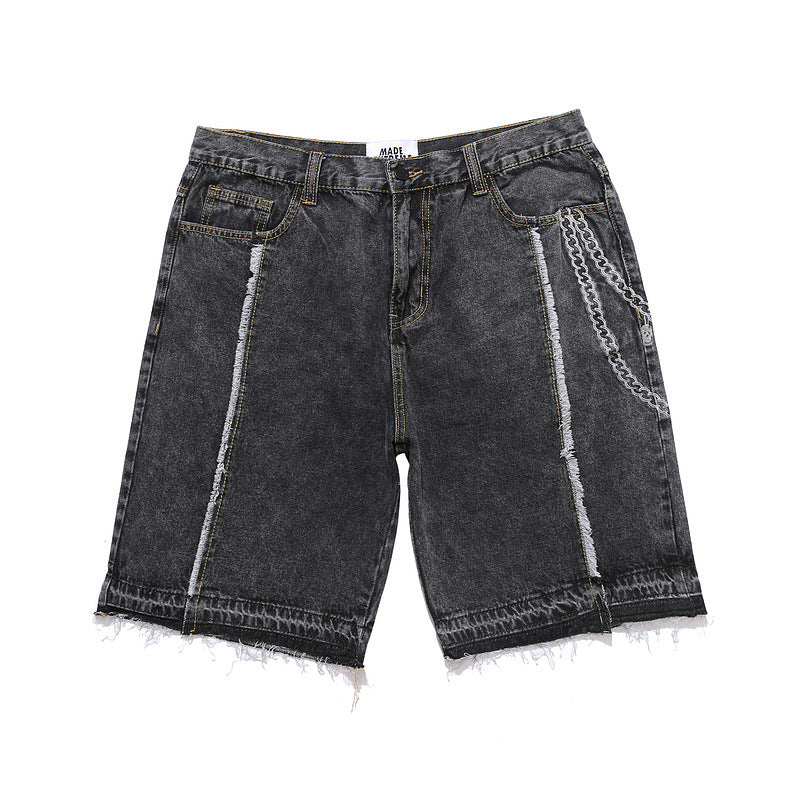Black chain embroidered raw denim shorts