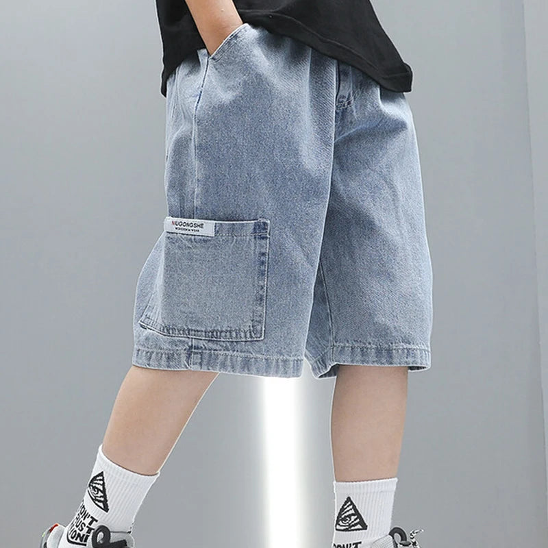 Children Jeans Boys Girls Cotton Shorts  Splice Stretch Denim shorts Korean Teenage Trousers Wear Kids Clothing DenimRipped