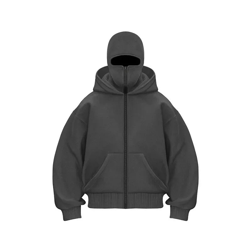 Men's Double Hat Mask Zipper Design Winter Windproof Hoodie Sports Jacket Outdoor Activities Hiking Travel Running Sweatshirt ﻿