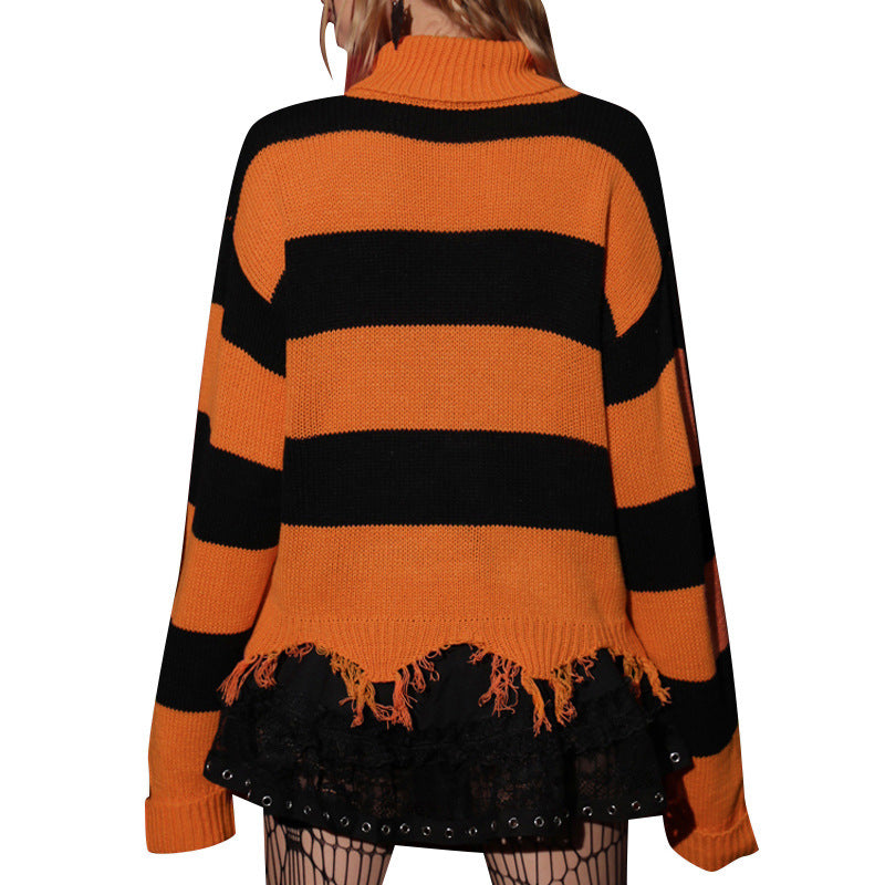 Halloween Bat Embroidered Turtleneck Sweater Loose