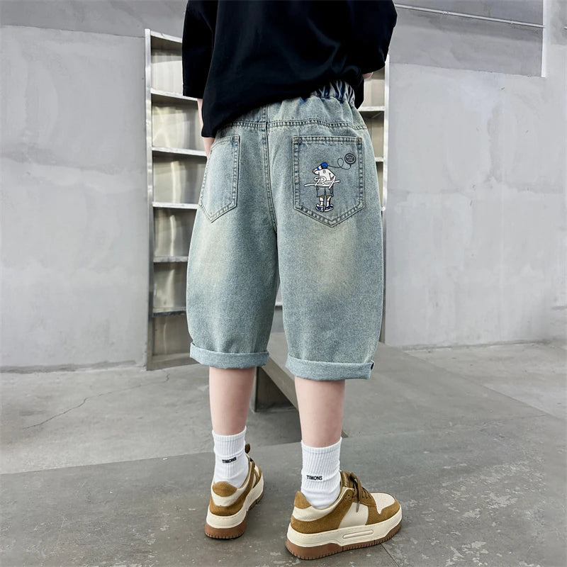 Hot Sale Kids Designer Summer Denim Shorts Pants for Teens Boy Casual Mid-Calf Jeans Solid Color Child Fashion Short Pants 5-14Y