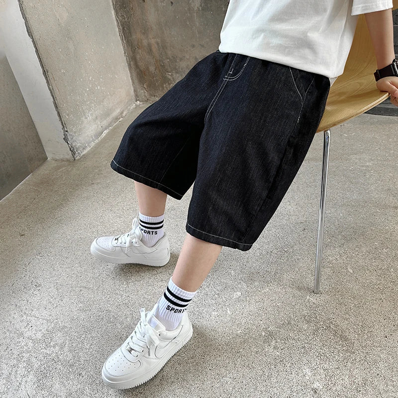Teenage Child Black Denim With Y2K Fashion Style Trousers Toddler Age 4-14Y Boys Denim Shorts Teen Boys Casual Knee-Length Jeans