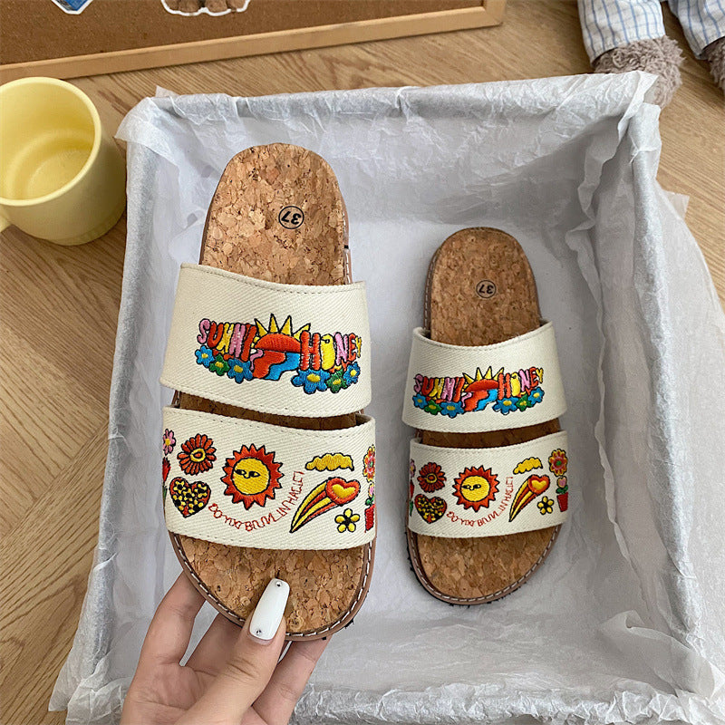 Women's Cork Sole Summer Embroidered Sandals