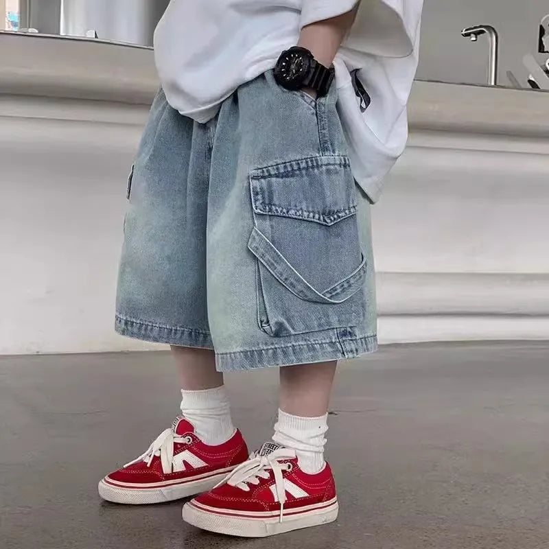 Summer Boys Denim Shorts Multi-Pocket Denim Shorts For Kids 2-10Years Casual Comfort Children Shorts Teen Cargo Shorts