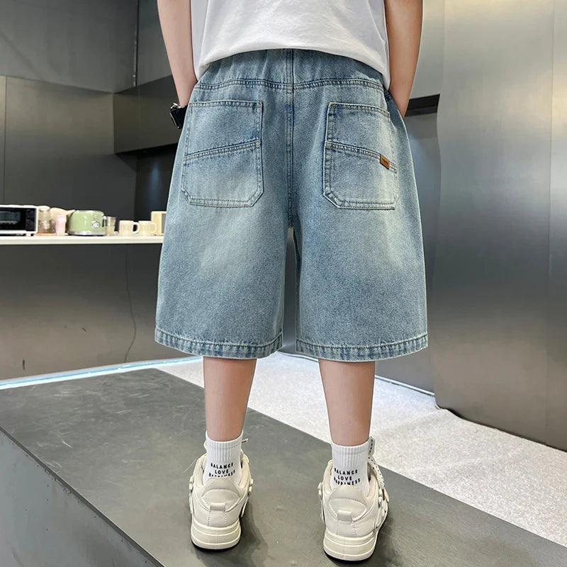 Boys Denim Shorts Teen Boys Casual Knee-Length Jeans Teenage Child Blue Denim With Y2K Fashion Style Trousers Toddler Ages 4-14Y