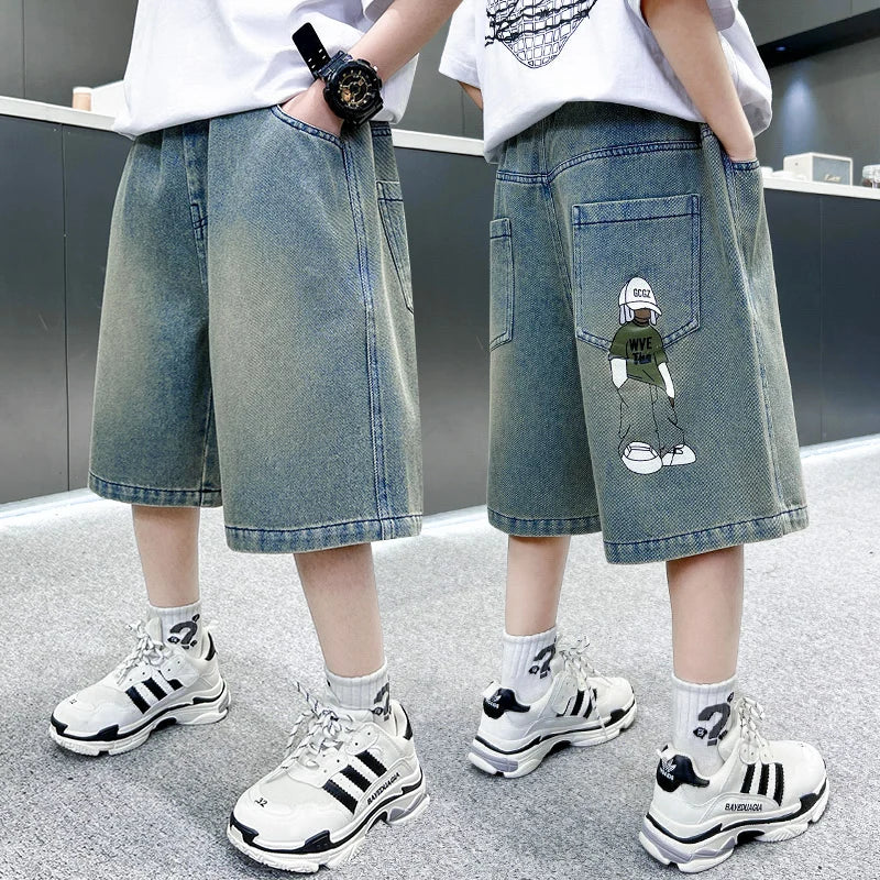 Boys Denim Shorts Summer Tween Children's Loose Teen Capri Pants High Quality Boys Clothes Short Jeans 5 6 7 8 9 10 11 12 13 14Y