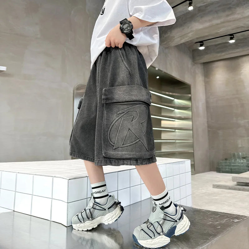 Loose Style Kids Child Summer Denim Cargo Shorts with Big Pocket For Teens Boy Knee Length Distressed Jeans Capris Pants 5-14 T