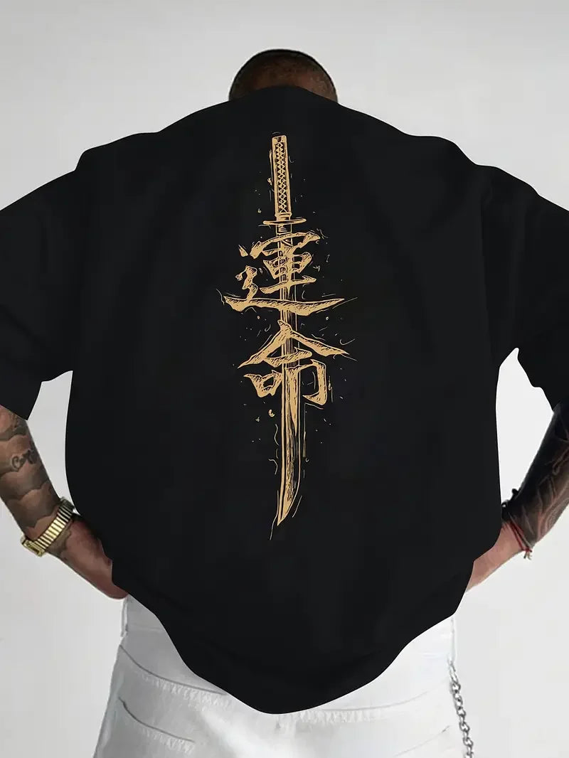 Men's Word Graphic Cotton Short Sleeve T-Shirt Custom Loose Fit Japanese Samurai Sword Design Tee Comfortable Casual Streetwear