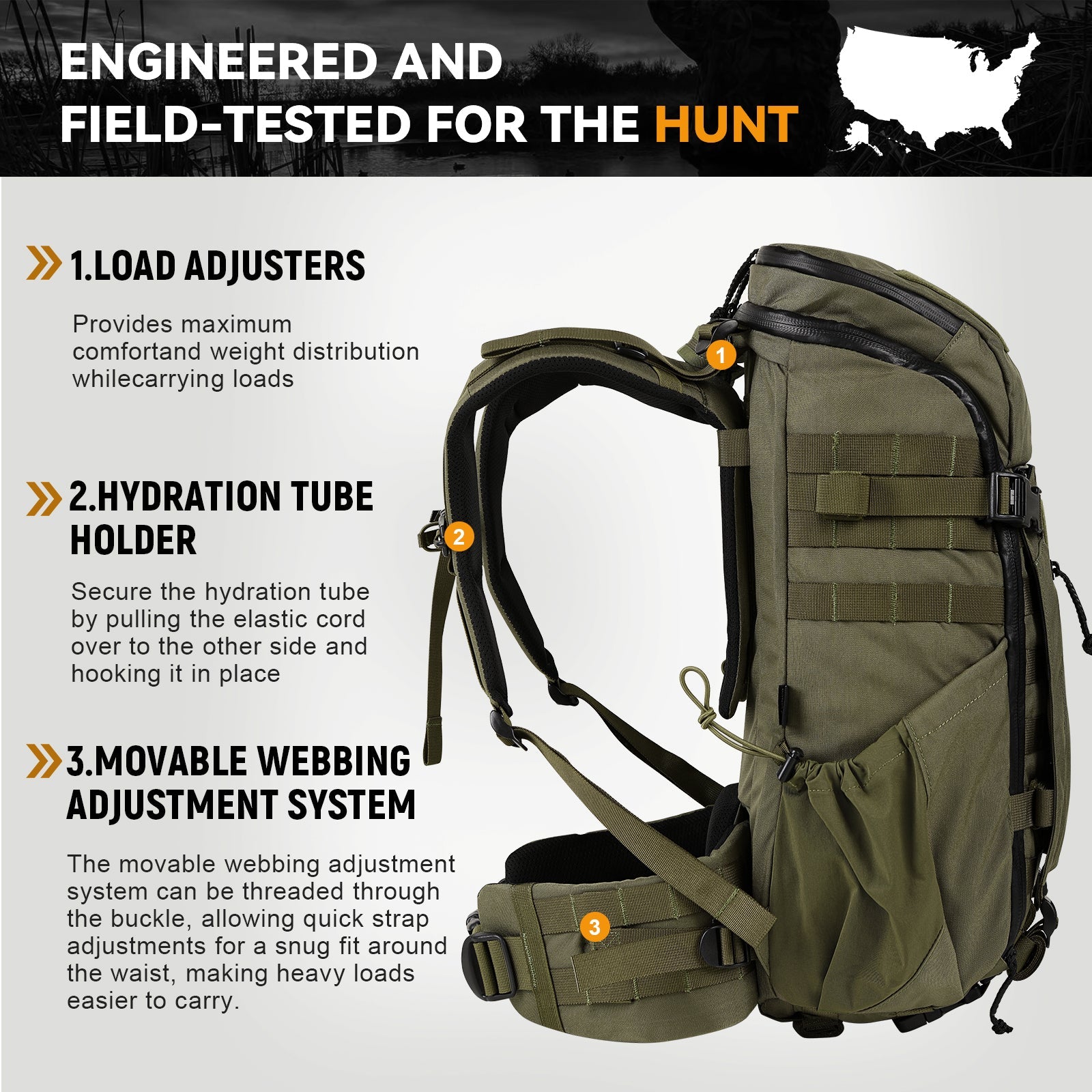 VOTAGOO® Hunting Backpack with Rifle/Bow Carry System-3