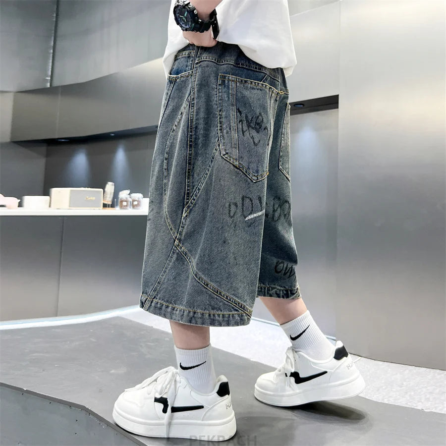 New Summer Kids Children Gray Blue Color Denim Shorts with Drawstrings for Teenage Boys Knee Length Baggy Jeans Capris Pants