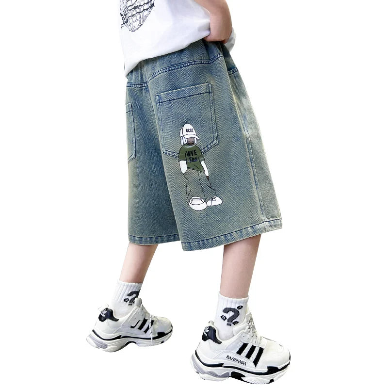 Boys Denim Shorts Summer Tween Children's Loose Teen Capri Pants High Quality Boys Clothes Short Jeans 5 6 7 8 9 10 11 12 13 14Y