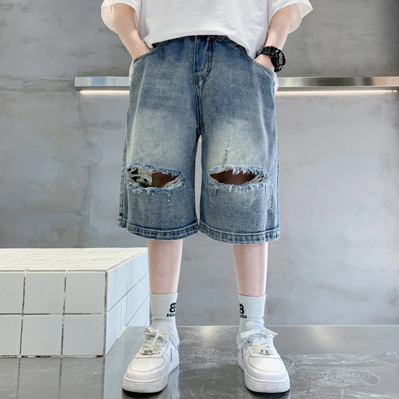 Loose Style Teen Boys Casual Ripped Denim Shorts with Holes Kids Causal Summer Broken Shorts Child Baggy Destroyed Short Jeans