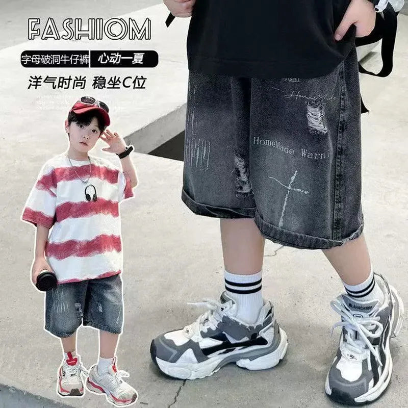 New Summer Style Boys' Gradient Denim Shorts Teen Childen Letter Printed Short Pants Trendy Kids Casual Knee-Length Jeans