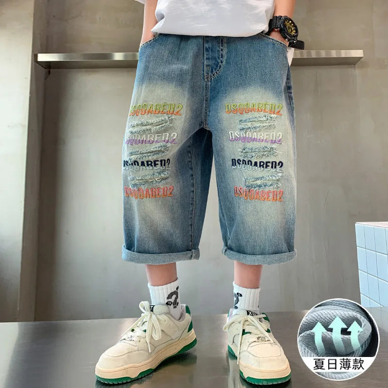 Kids Denim Shorts Teen Boys Casual Knee-Length Jeans Teenage Child Blue Denim With Letter Embroidery Trousers Toddler Ages 4-14Y