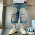 Kids Denim Shorts Teen Boys Casual Knee-Length Jeans Teenage Child Blue Denim With Letter Embroidery Trousers Toddler Ages 4-14Y