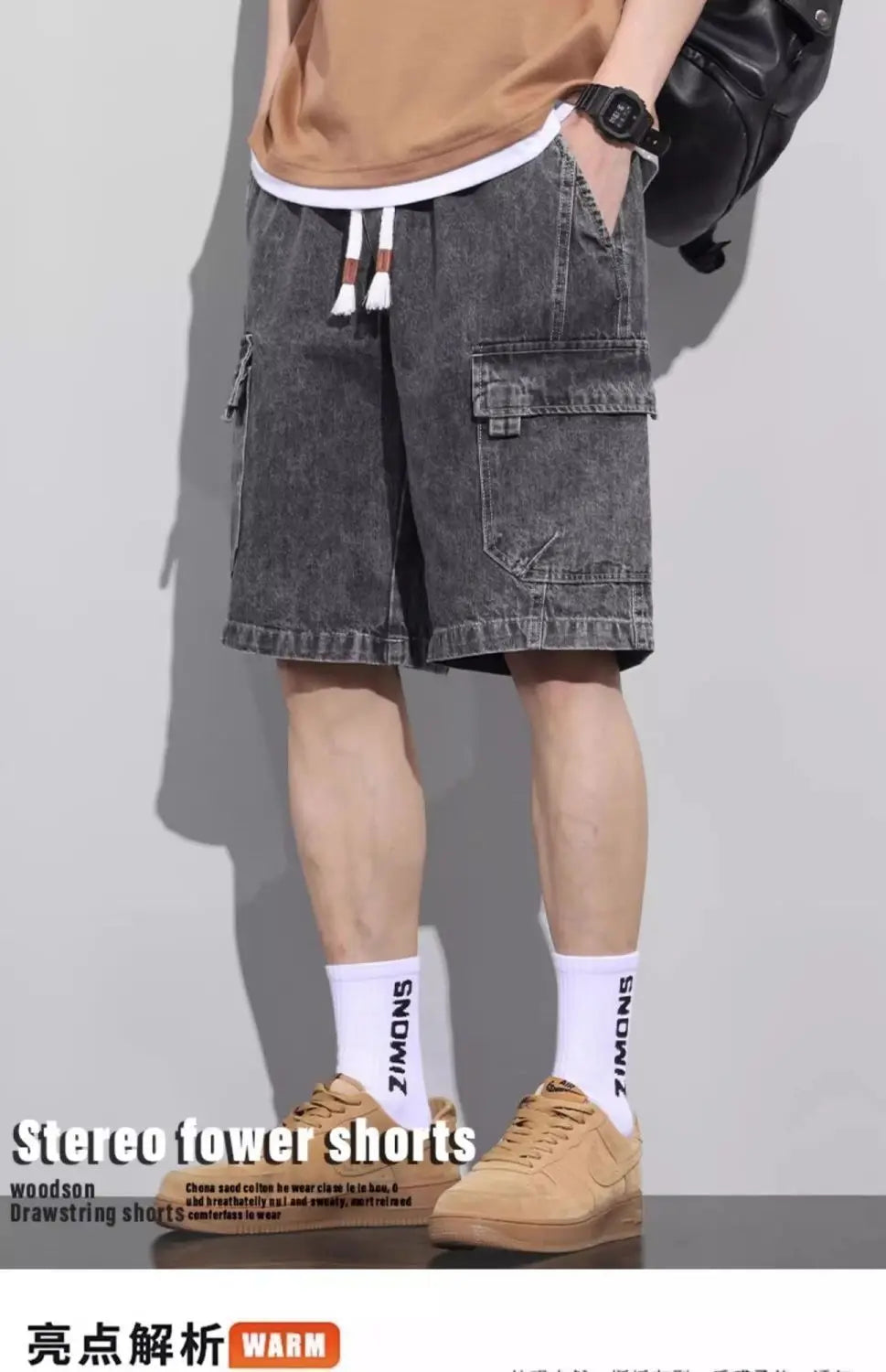 Summer 2025 Big Pocket Denim Shorts Teen Students Trendy Casual Pants Versatile Elastic Waist Men's Jeans Shorts Outer Pants
