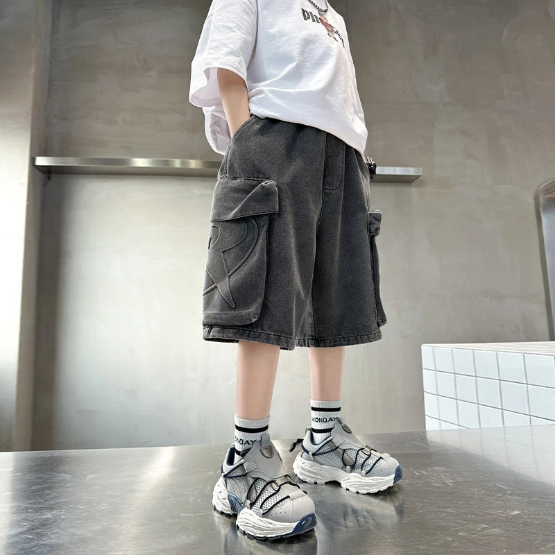 Loose Style Kids Child Summer Denim Cargo Shorts with Big Pocket For Teens Boy Knee Length Distressed Jeans Capris Pants 5-14 T