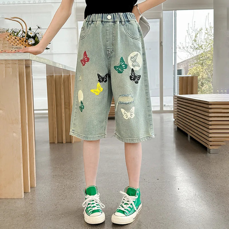Kids Summer Denim Shorts with Butterfly Printing for Teens Girl Casual Straight Jeans Capris Tweens Child Mid-Calf Denim Pants