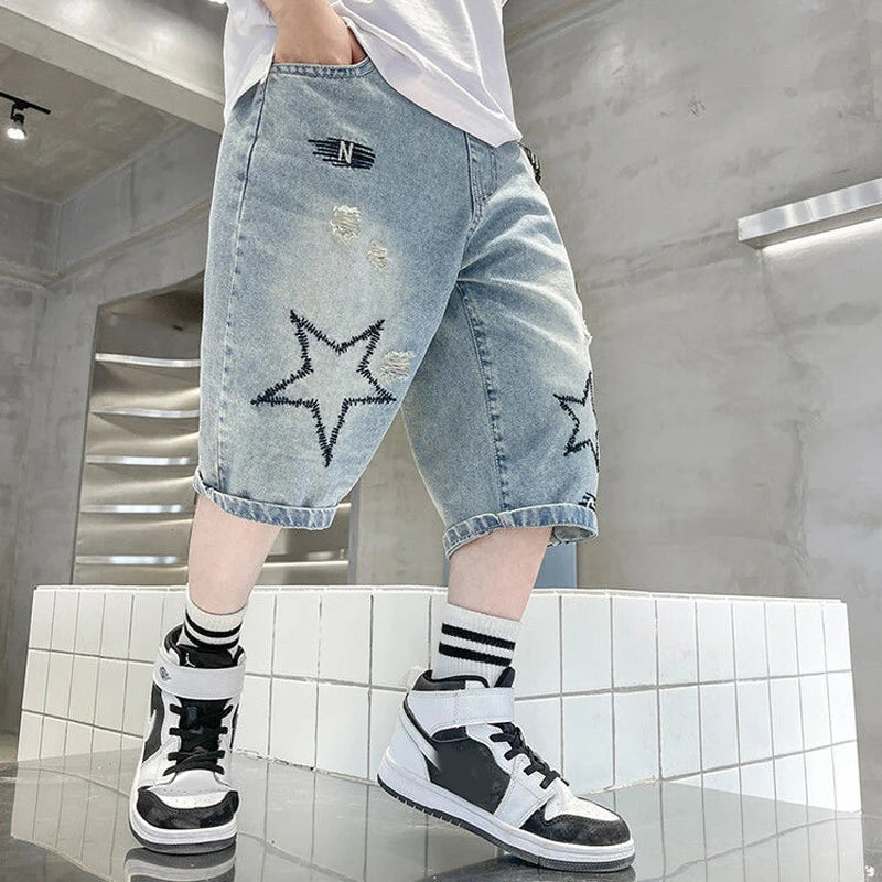 Summer Boys Jeans Shorts Five-pointed Star Print High Waist Ripped Denim Shorts For 5-12 Years Teen Kids Casual Knee Length Pant