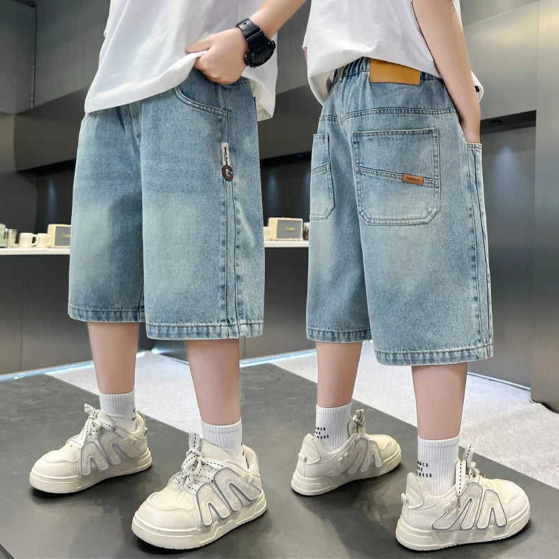 Boys Denim Shorts Teen Boys Casual Knee-Length Jeans Teenage Child Blue Denim With Y2K Fashion Style Trousers Toddler Ages 4-14Y