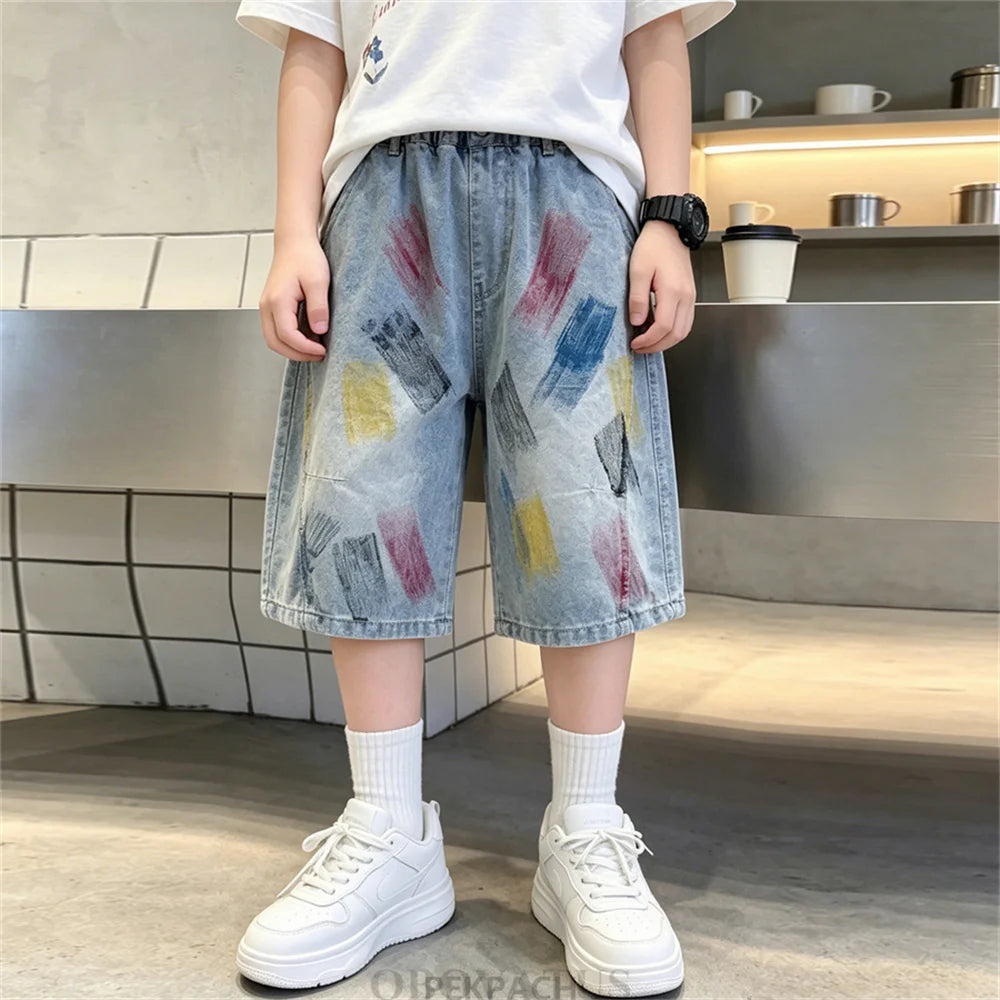 Summer Children Graffiti Print Baggy Denim Shorts for Teen Boys Streetwear Bottoms Kids Casual Knee Length Shorts With Drawings