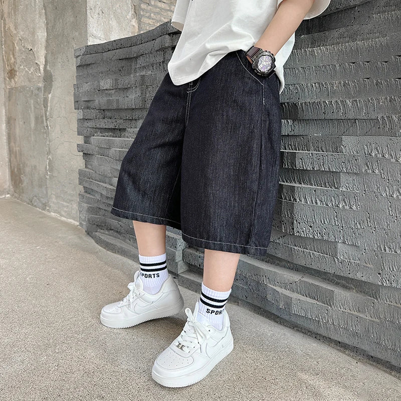 Teenage Child Black Denim With Y2K Fashion Style Trousers Toddler Age 4-14Y Boys Denim Shorts Teen Boys Casual Knee-Length Jeans