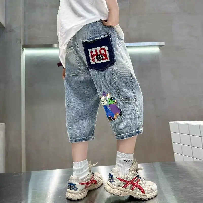 New Fashion Kids Denim Shorts For Boys Summer Hot Sale Cartoon Capris Jeans Teens Children Casual Shorts Bottom Mid-Calf Pants