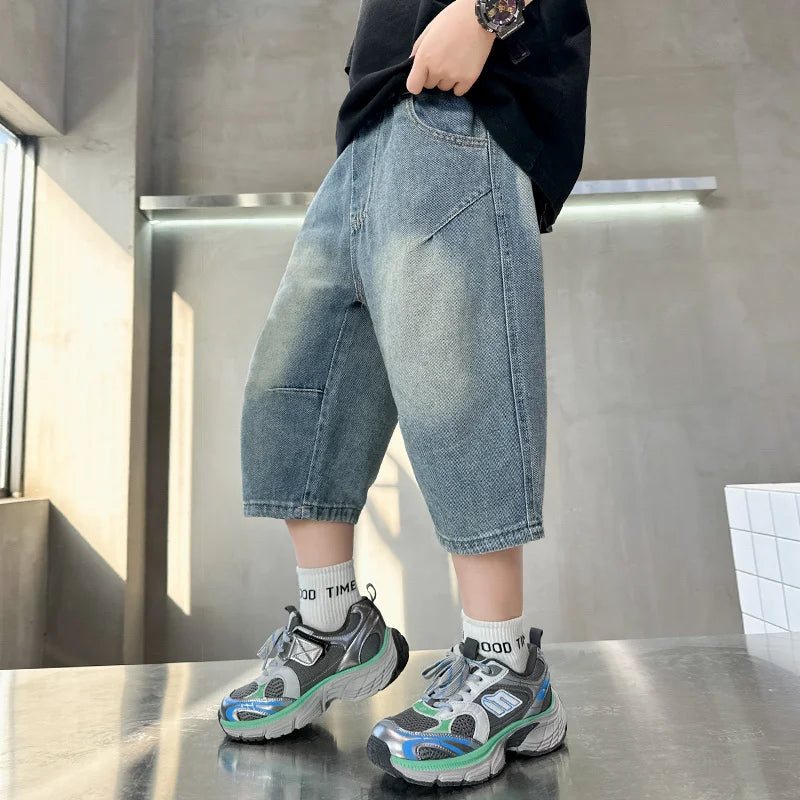 New Kids Designer Summer Capris Shorts For Boys Cartoon Print Denim Shorts Jeans Teens Child Casual Mid-Calf Pants Bottoms 5-14Y