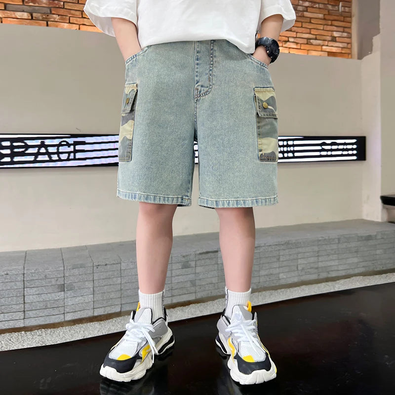 2025 New Summer Kids Child Fashion Jeans Shorts with Camouflage Pocket for Teens Boy Casual Straight Fit Denim Camo Shorts