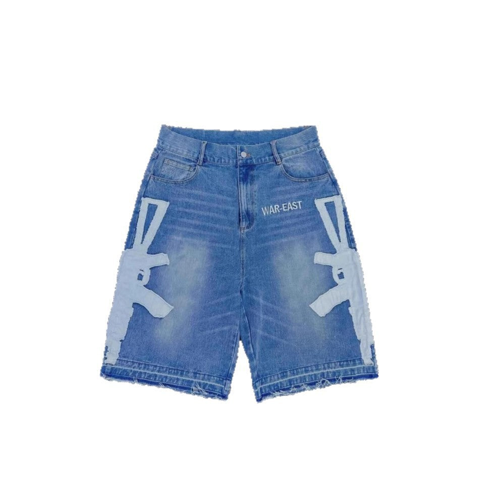 Retro Washed AK Letter Print Loose Denim Shorts