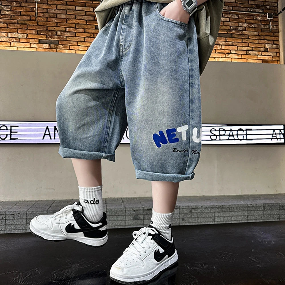 Teen Children's Shorts 2025 Summer New Kids Denim pants thin pants large children loose Boys with five Quarter pants 4-15Years