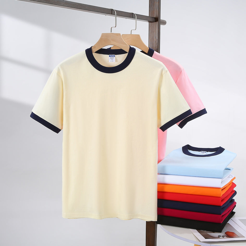 Contrast-color Short-sleeve Crew Neck Spliced Color